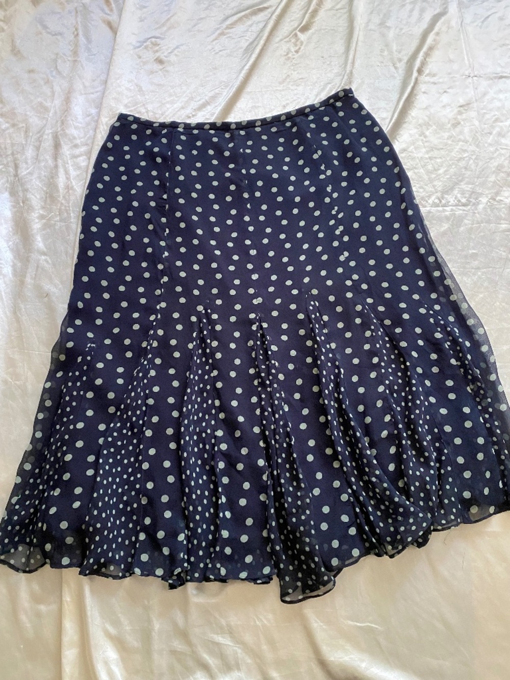 Vintage y2k 100% Silk Navy Blue Polka Dot Godet Midi Skirt Size 16 *read*